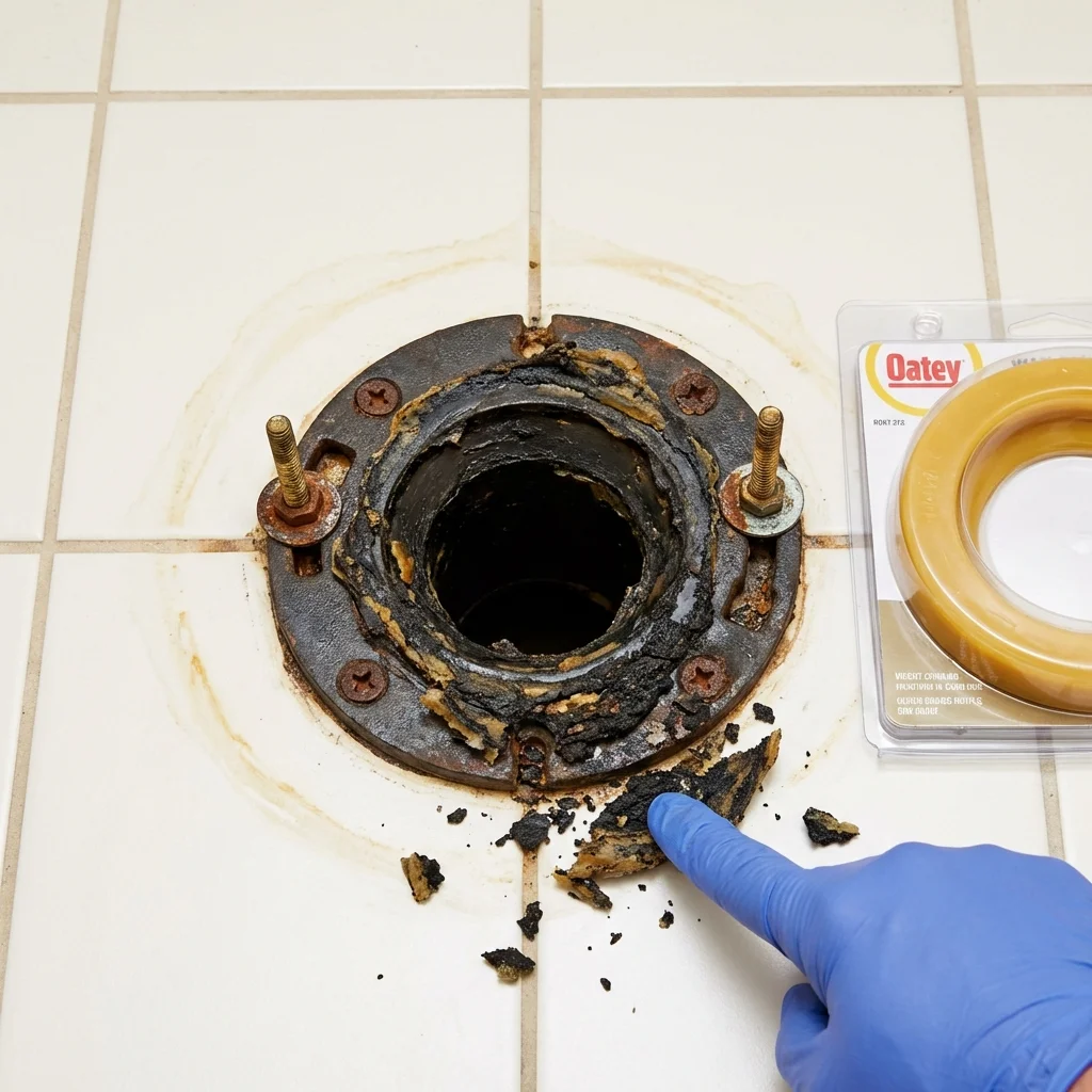 Failed wax ring showing water seepage at the base of a toilet in a Windsor, IL home