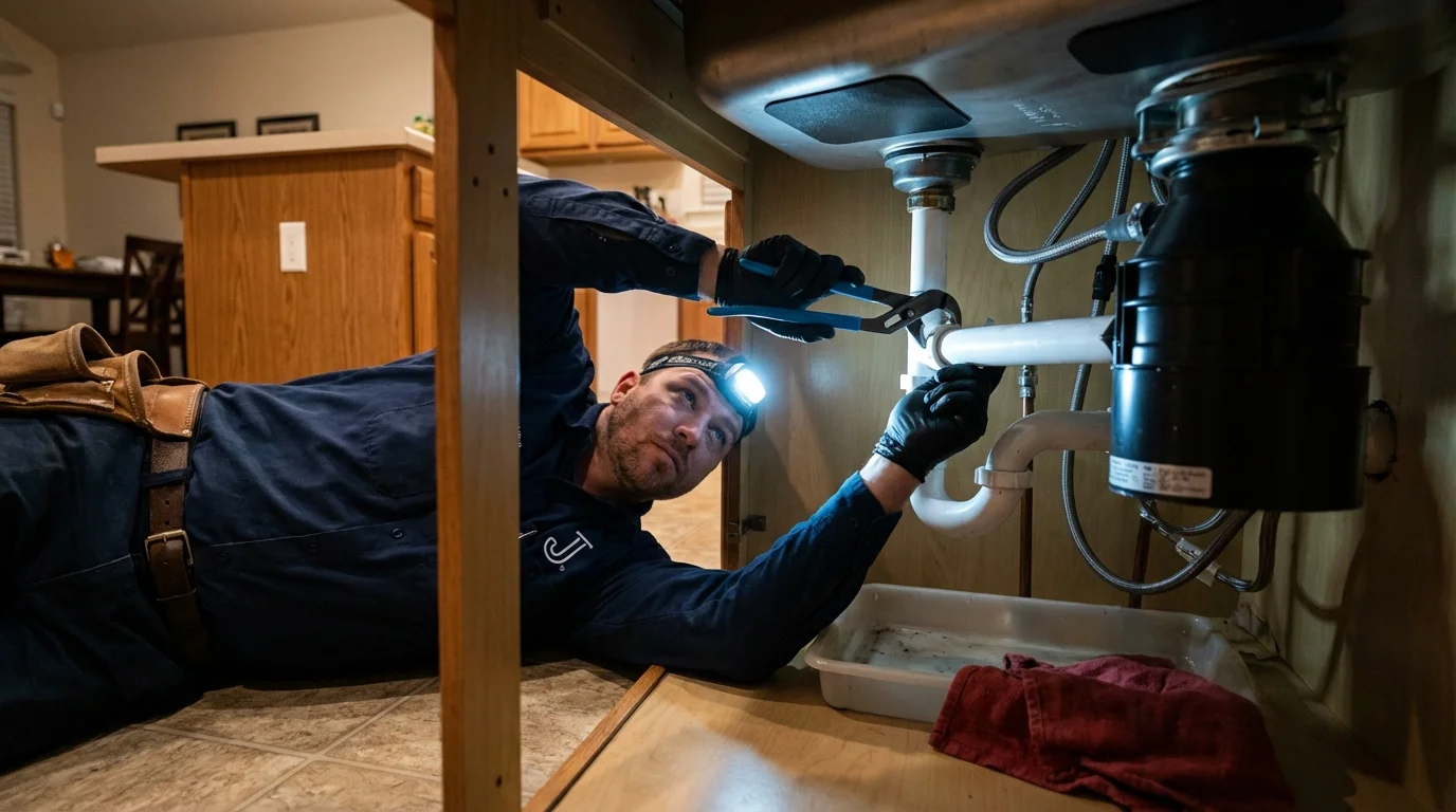P-trap and supply line connections under a kitchen sink showing a common leak point in Windsor, IL
